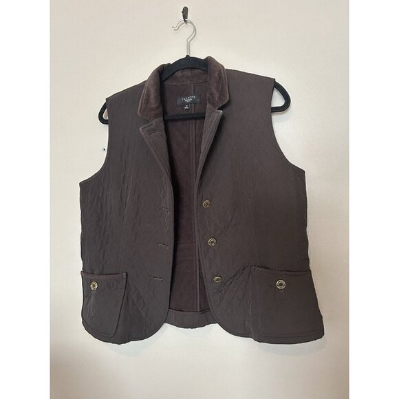 Talbots Brown Quilted Vest Corduroy Collar Petite M Sleeveless Button Up Jacket - Picture 2 of 6